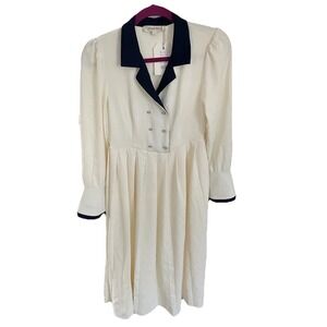 Simple Retro Double Breasted Buttons V Neck Lapel Puff Sleeve MIDI Dress Ivory